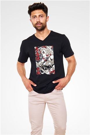 Demon Slayer Baskılı Unisex Siyah V Yaka Tişört - Tshirt