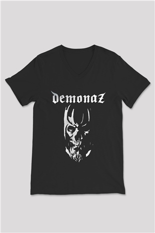 Demonaz Baskılı Unisex Siyah V Yaka Tişört