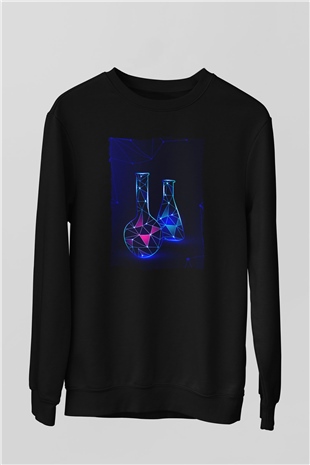 Deney Tüpleri Baskılı Unisex Siyah Sweatshirt