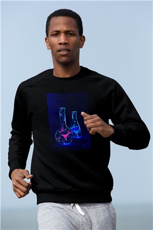 Deney Tüpleri Baskılı Unisex Siyah Sweatshirt