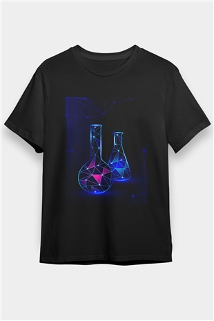 Deney Tüpleri Baskılı Unisex Siyah Tişört