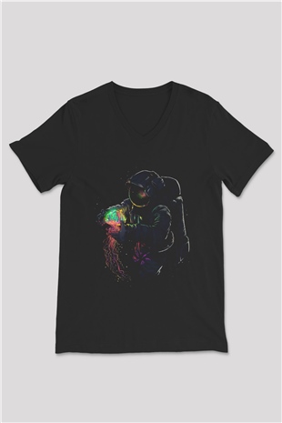 Deniz Altındaki Astronot Baskılı Unisex Siyah  V Yaka Tişört