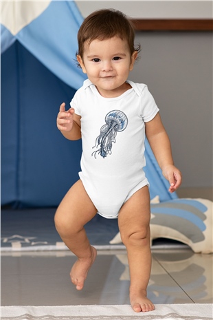 Deniz canlıları Baskılı Beyaz Unisex Bebek Body - Zıbın