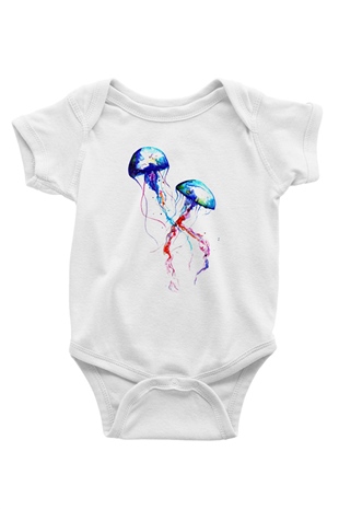 Deniz canlıları Baskılı Beyaz Unisex Bebek Body - Zıbın