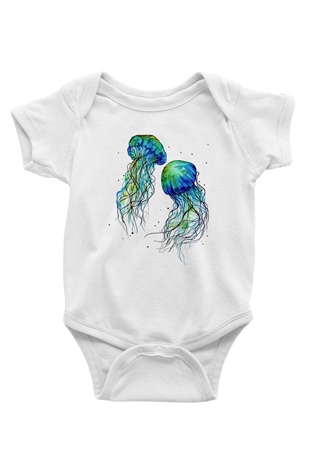 Deniz canlıları Baskılı Beyaz Unisex Bebek Body - Zıbın