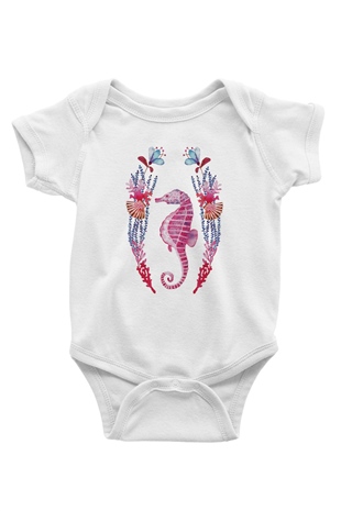 Deniz canlıları Baskılı Beyaz Unisex Bebek Body - Zıbın