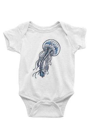 Deniz canlıları Baskılı Beyaz Unisex Bebek Body - Zıbın