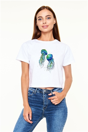 Deniz canlıları Beyaz Croptop Tişört