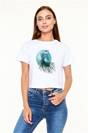Deniz canlıları Beyaz Croptop Tişört