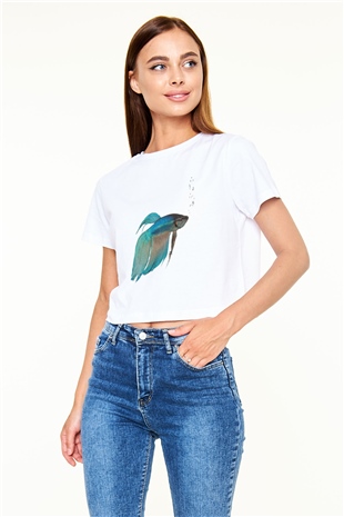 Deniz canlıları Beyaz Croptop Tişört