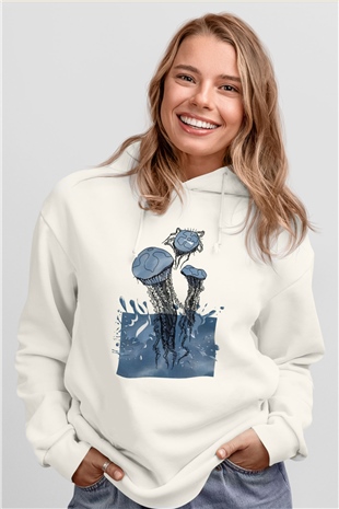 Deniz canlıları Beyaz Unisex Kapüşonlu Sweatshirt
