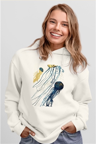 Deniz canlıları Beyaz Unisex Kapüşonlu Sweatshirt