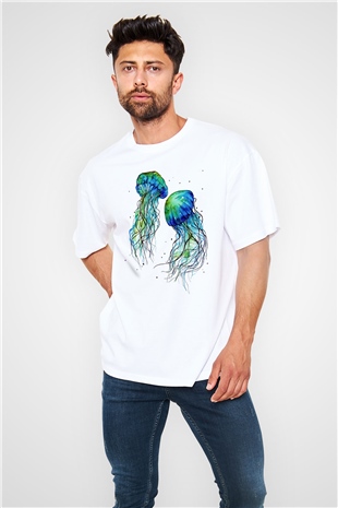 Deniz canlıları Beyaz Unisex Oversize Tişört T-Shirt