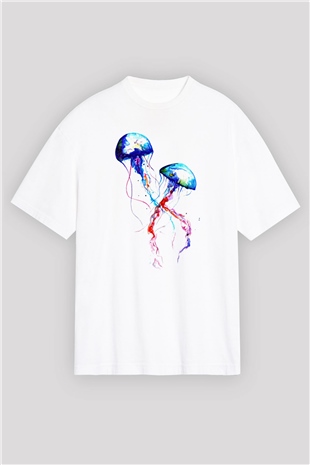 Deniz canlıları Beyaz Unisex Oversize Tişört T-Shirt