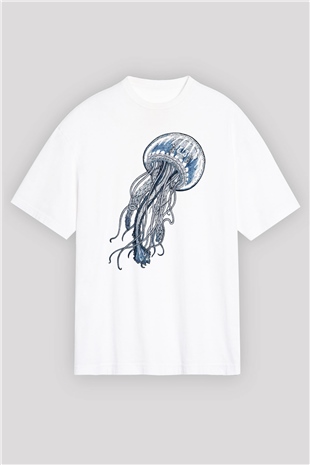 Deniz canlıları Beyaz Unisex Oversize Tişört T-Shirt