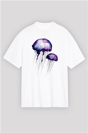 Deniz canlıları Beyaz Unisex Oversize Tişört T-Shirt