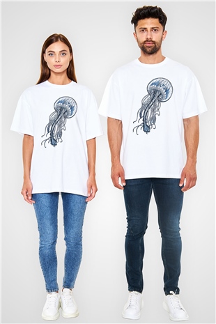 Deniz canlıları Beyaz Unisex Oversize Tişört T-Shirt