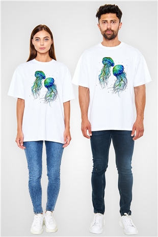 Deniz canlıları Beyaz Unisex Oversize Tişört T-Shirt