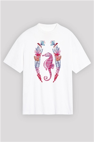 Deniz canlıları Beyaz Unisex Oversize Tişört T-Shirt