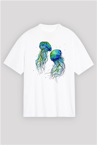 Deniz canlıları Beyaz Unisex Oversize Tişört T-Shirt