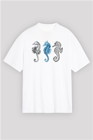 Deniz canlıları Beyaz Unisex Oversize Tişört T-Shirt