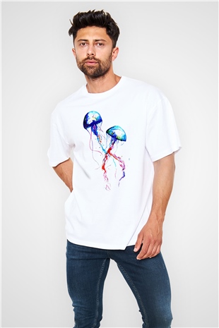 Deniz canlıları Beyaz Unisex Oversize Tişört T-Shirt