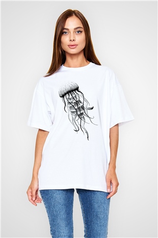 Deniz canlıları Beyaz Unisex Oversize Tişört T-Shirt