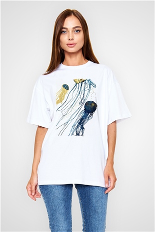 Deniz canlıları Beyaz Oversize Tişört Oversize T-shirt - TişörtFabrikası