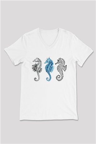 Deniz canlıları Beyaz Unisex V Yaka Tişört T-Shirt