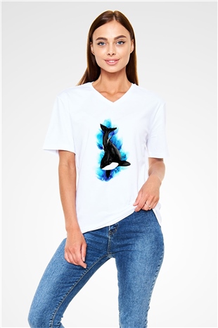 Deniz canlıları Beyaz Unisex V Yaka Tişört