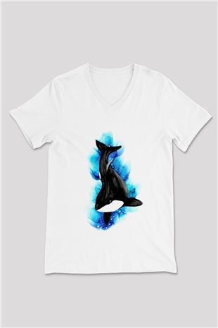 Deniz canlıları Beyaz Unisex V Yaka Tişört
