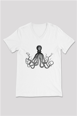 Deniz canlıları Beyaz Unisex V Yaka Tişört T-Shirt