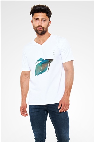 Deniz canlıları Beyaz Unisex V Yaka Tişört T-Shirt