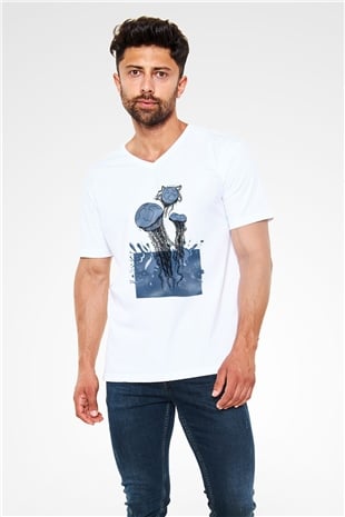 Deniz canlıları Beyaz Unisex V Yaka Tişört