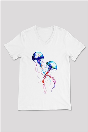 Deniz canlıları Beyaz Unisex V Yaka Tişört T-Shirt