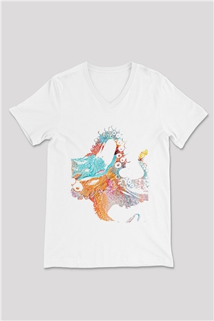 Deniz canlıları Beyaz Unisex V Yaka Tişört