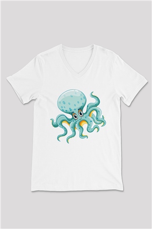 Deniz canlıları Beyaz Unisex V Yaka Tişört T-Shirt