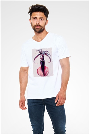 Deniz canlıları Beyaz Unisex V Yaka Tişört