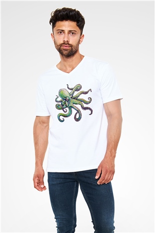 Deniz canlıları Beyaz Unisex V Yaka Tişört T-Shirt