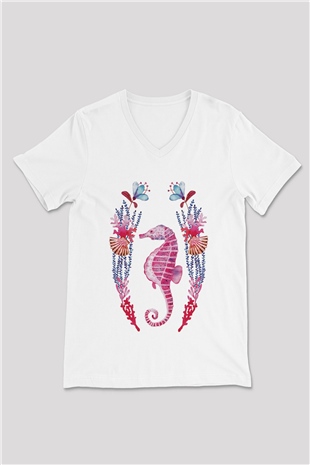 Deniz canlıları Beyaz Unisex V Yaka Tişört T-Shirt