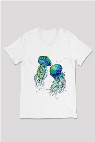 Deniz canlıları Beyaz Unisex V Yaka Tişört T-Shirt
