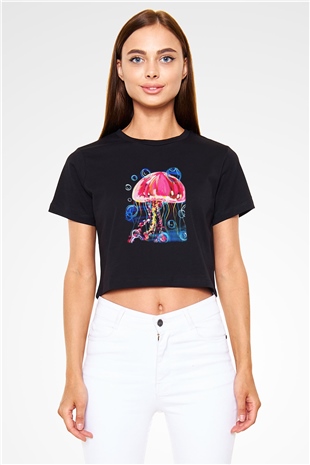 Deniz canlıları Siyah Crop Top Tişört