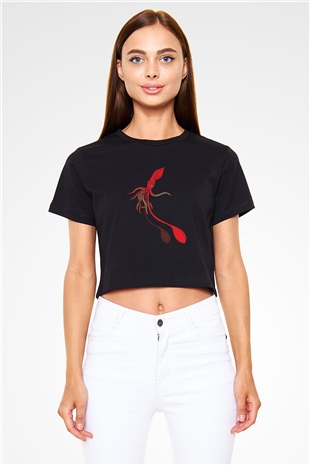 Deniz canlıları Siyah Crop Top Tişört