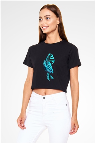 Deniz canlıları Siyah Crop Top Tişört