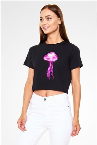 Deniz canlıları Siyah  Crop Top Tişört