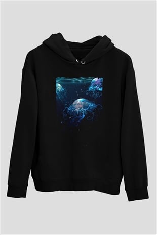 Deniz canlıları Siyah Unisex Kapüşonlu Sweatshirt