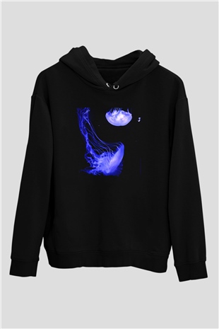 Deniz canlıları Siyah Unisex Kapüşonlu Sweatshirt