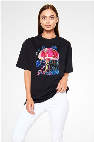 Deniz canlıları Siyah Unisex Oversize Tişört T-Shirt