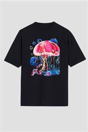 Deniz canlıları Siyah Unisex Oversize Tişört T-Shirt