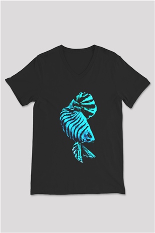 Deniz canlıları Siyah Unisex V Yaka Tişört T-Shirt